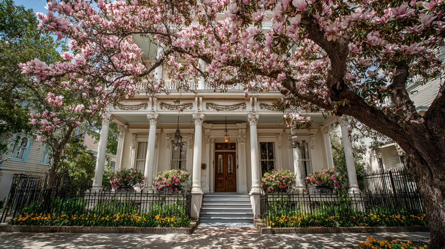 Traditional New Orleans Greek revival home with columns and live oaks
